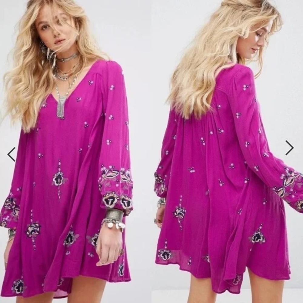 Free People Purple Oxford Embroidered Long Sleeve Mini Dress Size M